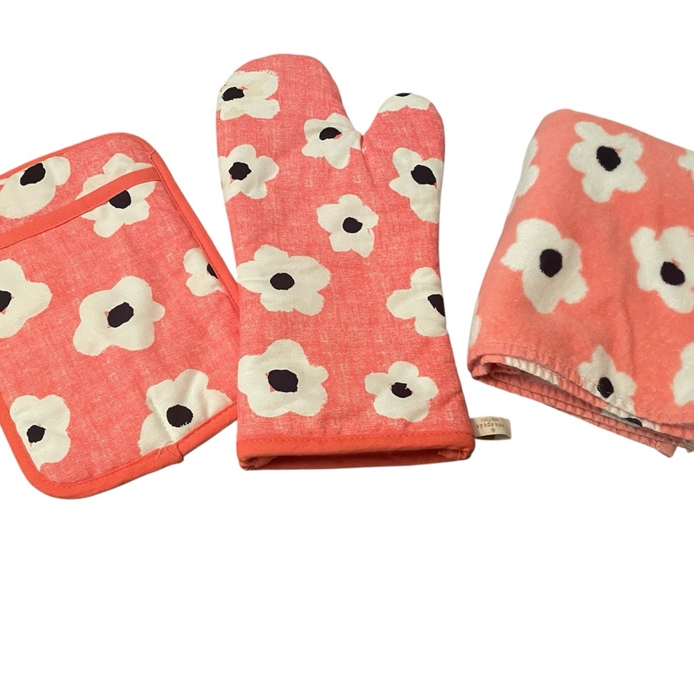 KATE SPADE NEW YORK Faye Floral Coral 3-Piece Kitchen Towel Oven Mitt Pot Holder